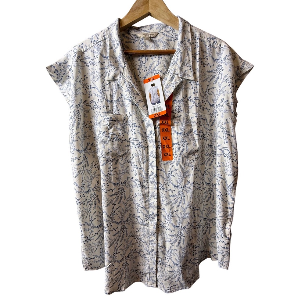 Jachs Girlfriend‎ Womens XXL Floral Button Front Shirt White Blue New Spring